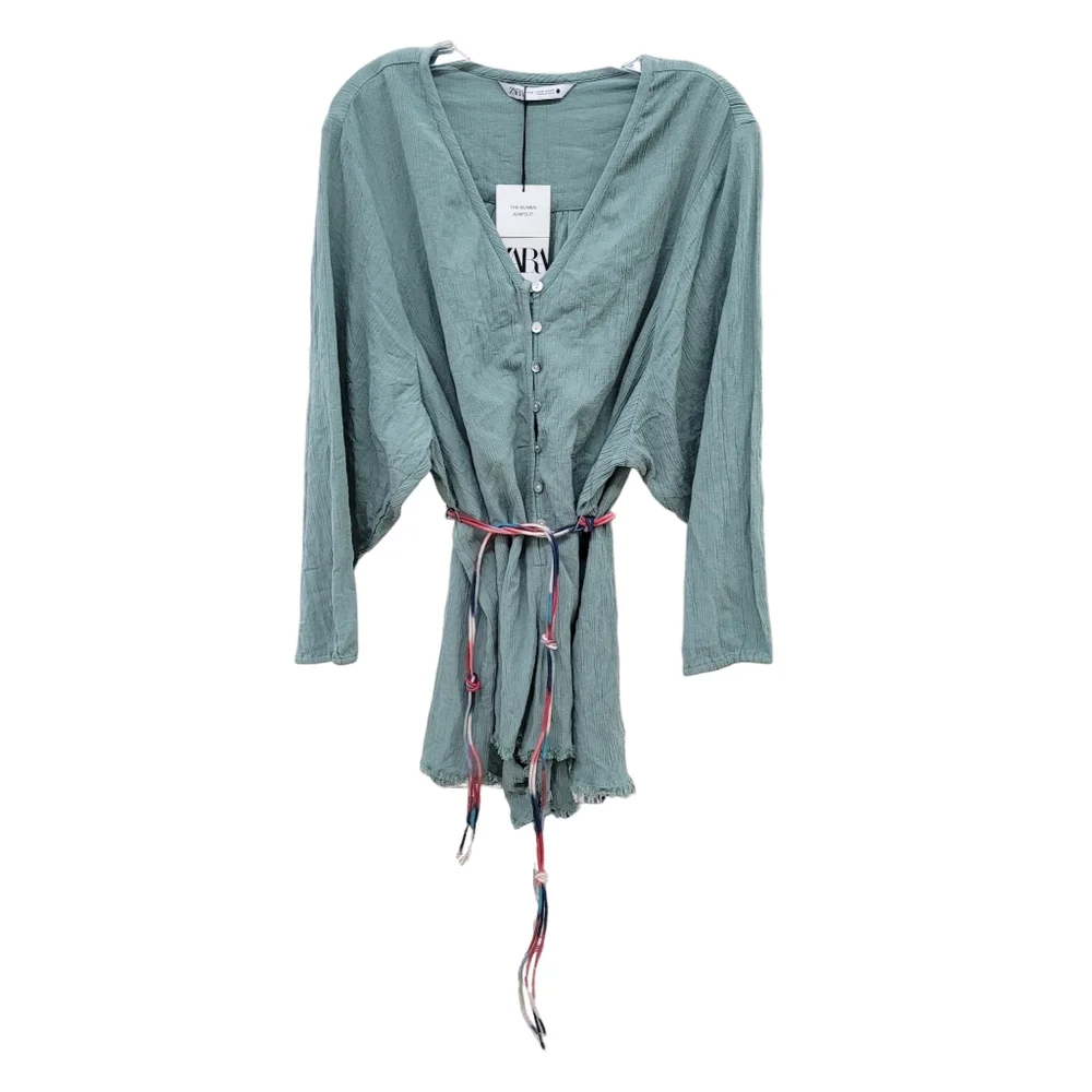 NWT Zara Mumbai Jumpsuit Sage Green Long Sleeve Romper W/ Belt Women's Size XS